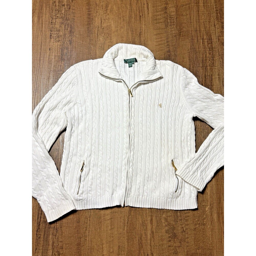 Lauren Ralph Lauren White Cable Knit Sweater Jacket Full Zip Gold Hardware XL